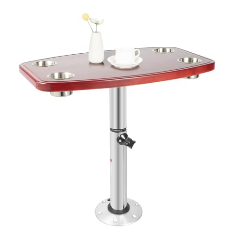 MccoMMon 22''-28'' Caravan Tisch klappbar Eiche Top, Teleskop Marine Caravan Bootstisch, Boot Cockpit Bootstisch mit 4 Getränkehalter und Pedestal, Bootstisch für Caravans