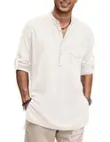 COOFANDY Kurta Herren Indianerhemd Casual Button Down Henley Shirt Leinen Solid Pyjama mit Tasche, Weiß, XX-Large