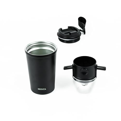 NEOUZA Pour Over Coffee Dripper with Vacuum Insulated Tumbler, Reusable Stainless Steel Coffee Filter, Portable Collapsible Paperless Coffee Maker for Camping, Travel (Black Tumbler + Dripper)
