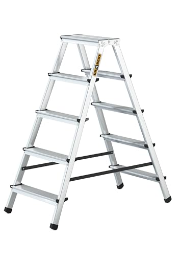 DRABEST Klappleiter Klapptritt Alu Leiter 2 x 5 Stufen Trittleiter Beidseitig Mehrzweckleiter bis 125 kg Belastbar Leiter