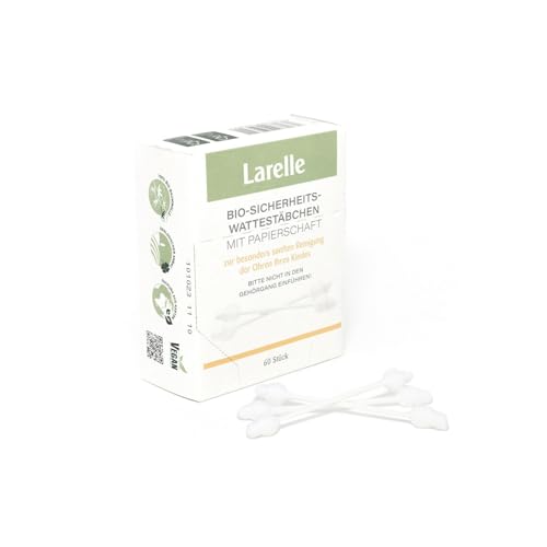 Larelle Bio-Sicherheitswattestäbchen, Baby-Wattestäbchen, 60 Stück mit Extra-Sicherheitszone, Reinigungsstäbchen, Kosmetik, Körperpflege, GOTS Ecocert, sanfte Reingung von Kinderohren, ca. 76 mm