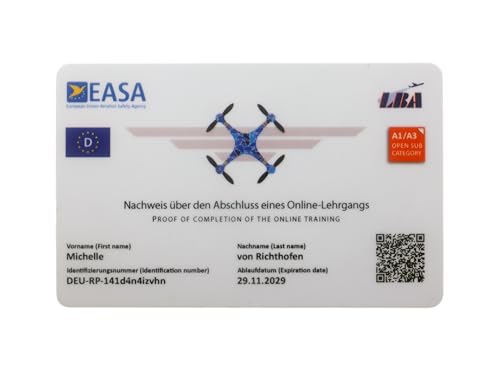 Roboterwerk Drohnenführerschein nach LBA-Vorgaben - EU-Kompetenznachweis A1/A3 und A2, mit QR-Code und Adressdaten hinten, Scheckkartengröße, hochwertige Plastikkarte mit 600dpi Weiß