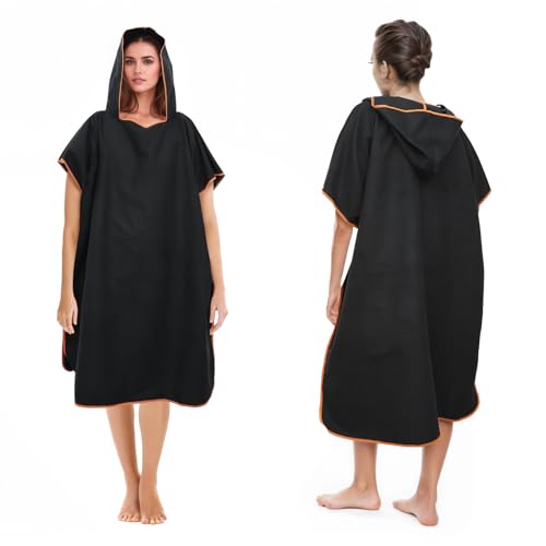 Badeponcho Damen& Herren,Poncho Handtuch,Mikrofaser-Surf Poncho,Lang Umkleidehilfe mit Kapuze für Herren Damen, Ideal Handtuch zum Strand, Brandung, Surfen(Schwarz)