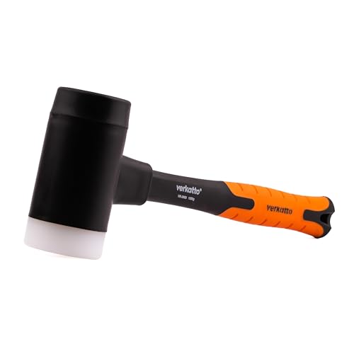 MIVOS Rückschlagfreier Schonhammer 1350g mit 2K Glasfaserstiel - Ø 65 mm - Pflastererhammer mit Doppelkopf aus Nylon und Gummi - Montagehammer mit wechselbarem Schlagkopf - Weiß Schwarz