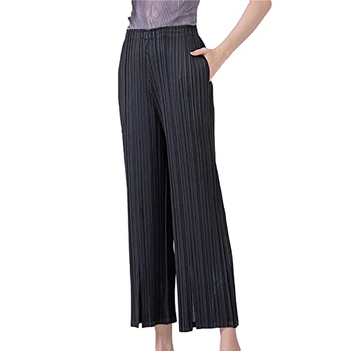 Damen Lounge Weitem Bein Palazzo-Hose Mit Taschen Leichte Lockere Plissierte Hose Elastische Taille Bequeme Kurz Geschnittene Hose (M,Schwarz)