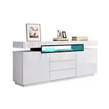 LED Sideboard für Wohnzimmer Hochglanz Buffet Schrank Vitrine 160cm TV Einheit Stand 2 Türen 3 Schubladen TV Lowboard Möbel (Weiß)