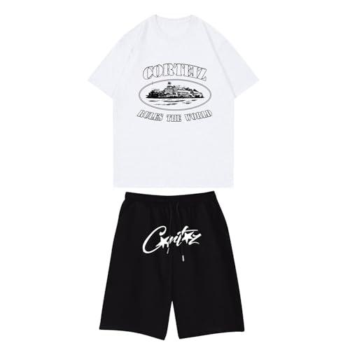 Generisch Corteiz T Shirt und Shorts Sommer 2-Teiliges Set Outfit Trainingsanzug Freizeitanzug Jogginganzug Herren Y2K Hip Hop Streetwear Tracksuit für Jeden Tag