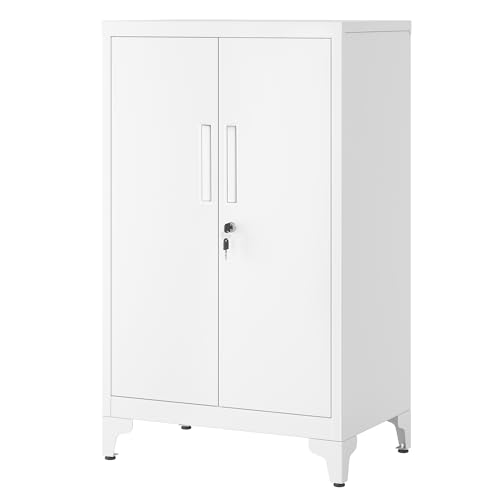 SONGMICS Aktenschrank, Mehrzweckschrank, Büroschrank mit 2 Türen, Schrank abschließbar, Aufbewahrungsschrank aus Stahl, für Arbeitszimmer, Wohnzimmer, mattweiß OMC012W01