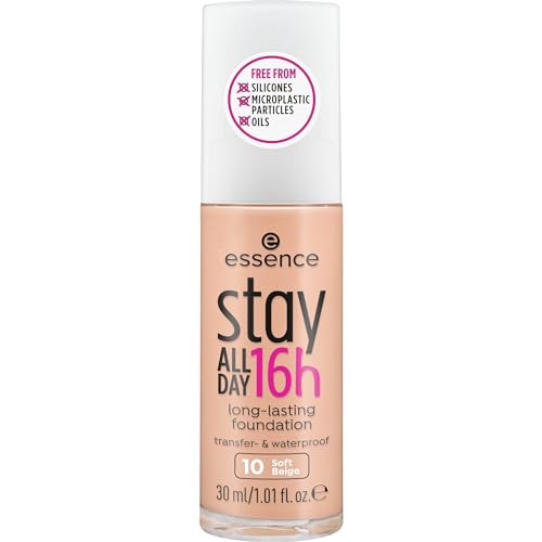 essence cosmetics stay ALL DAY 16h long-lasting Foundation, Make Up, wischfest, wasserfest, Nr. 10 Soft Beige, nude, langanhaltend, mattierend, weichzeichnend, matt, vegan, ölfrei, wasserfest (30ml)