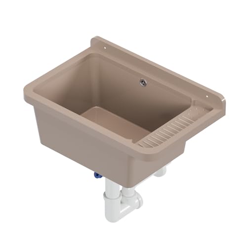 QLS Ausgussbecken 50x34 cm aus Kunststoff mit Siphon Garage Werkstatt (Beige)