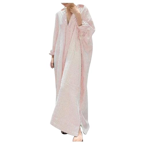 Sommerkleid Damen,Leinenkleid Damen Oversize Gestreiftes Langarmkleid aus Baumwolle Leinen für Frauen Casual Maxi Gestreift Hemdkleid Lose Knopfleiste Lange Blusenkleider Atmungsaktiv Freizeitkleid