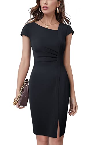 HOMEYEE Damen Vintage V-Ausschnitt Bodycon Business Bleistiftkleid mit Schlitz B700 (L, Schwarz)