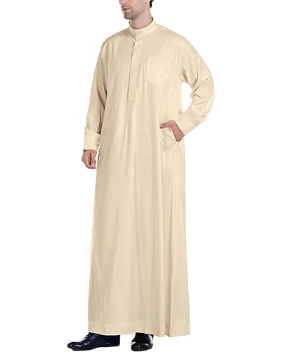 YAOHUOLE Kaftan Herren Lang Kaftan Herren Lange Thobe Herren Kaftan Langarm Herren Mens Thobe Khaki 2XL