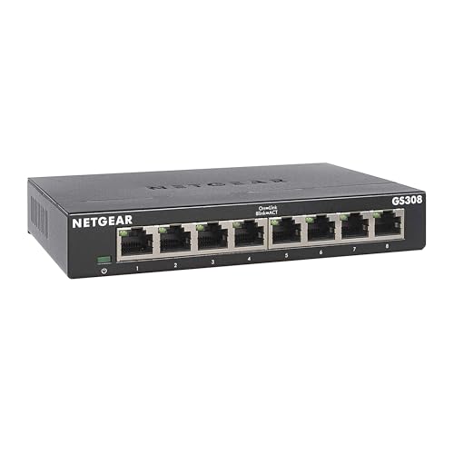 NETGEAR GS308 LAN Switch 8 Port Netzwerk Switch (Plug-and-Play Gigabit Switch LAN Splitter, LAN Verteiler, Ethernet Hub lüfterlos, robustes Metallgehäuse mit Ein-/Ausschalter), Schwarz