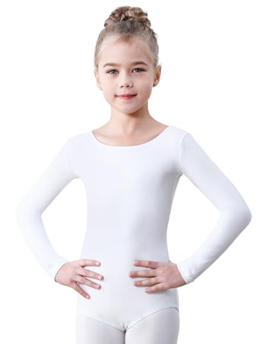 Soudittur Ballettanzug Mädchen Langarm, Kinder Ballett Trikot Baumwolle Ballett Body TanzBody Gymnastikanzug Turnanzug für Damen Größe 110-170 (Weiß, 140)