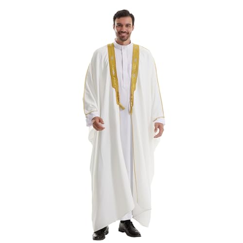 Tobysper Herren Kaftan Muslim Stickerei Druck Kaftan Wüsten Robe Arabisch Saudi Mantel Retro Tuniken Abaya Lose Kandoura Araber Scheich Verkleidung Mishlah Sheikh Royalty Omani Dubai Gulf