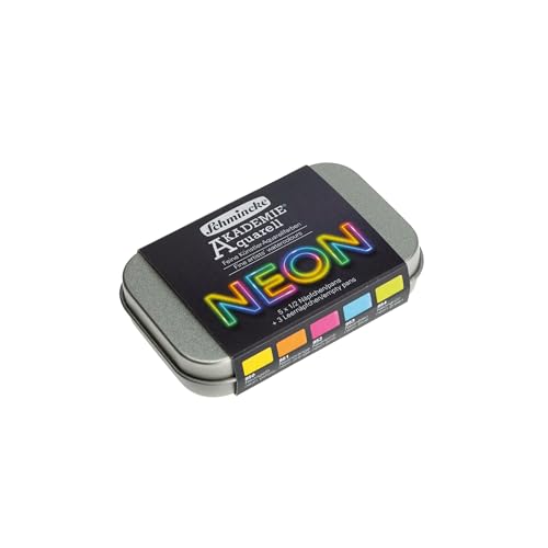 Schmincke – AKADEMIE® AQUARELL, Neonfarben-Set, 75 792 097, 5 feine Aquarellfarben in Neonfarben, halbe Näpfchen in Metalldose