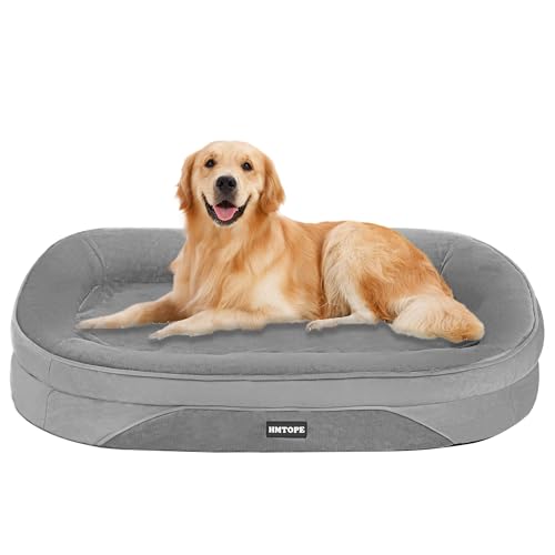 HMTOPE Orthopädisches Hundebett, Hundesofa, Vierseitiges Nackenrolle Kissen, rutschfeste Unterseite Hundekorb, Abnehmbar und Waschbar, Mittelgroße Hunde, Grosse Hunde, 106 x 79 x 17 cm, Mittelgrau