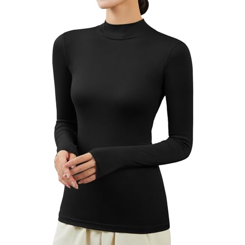 2025 - Rollkragenpullover Damen Rollkragenshirt Langarmshirt Damen Enges Thermo-Oberteil Slim Fit Basic Oberteile Stehkragen Rollkragenpullover Unterhemd Rollkragenshirt Elegant Pulli Eng (Black, XL)