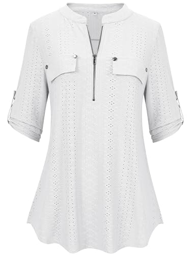 Lalala Bluse Damen Reißverschluss Langarmshirt Elegant Plissee Hemdbluse Z-Weiß-xg36 XXL