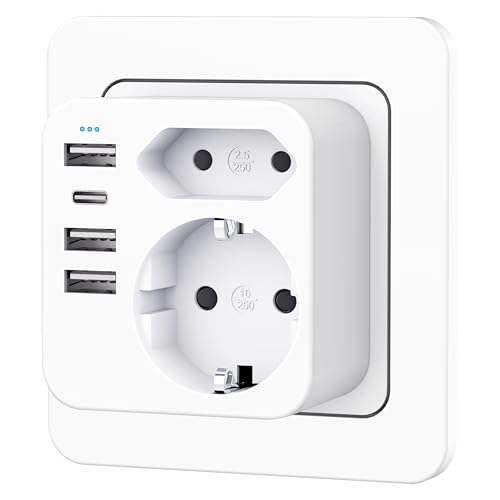Mehrfachsteckdose mit 4 USB Ports, Mehrfachstecker für Steckdose mit 2 Fach Stecker, Steckdosenadapter mit USB C Port, Doppelstecker für USBC Steckdose, Steckdosenleiste