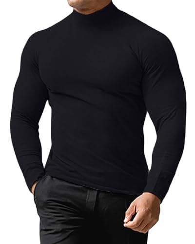 LAOARA Herren Rollkragenshirt Langarmshirt T Shirt Stehkragen Longsleeve Thermo Baumwolle Langarm Slim Fit Pullover Schwarz XL