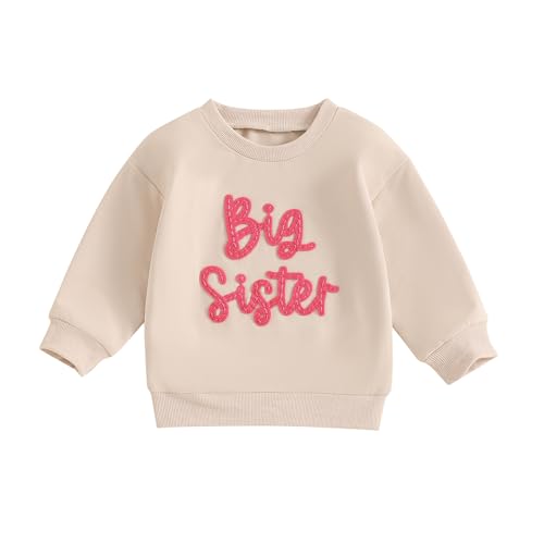 Baby Sweatshirt Mädchen Big Sister Pullover Baby Stickerei Rundhalsausschnitt Langarmshirt Mädchen Winter Loose Fit Pulli (Beige, 18-24 Months)