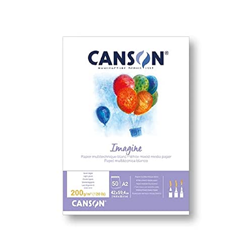 CANSON Imagine, Mixed Media Papier, leichte Körnung, 200 g/m², an der kurzen Seite geleimter Block, DIN A2, 42 x 59,4 cm, Naturweiß, 50 Blatt
