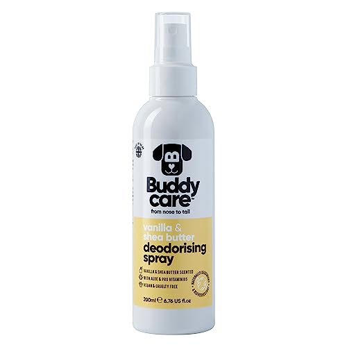 Buddycare Desodorierungsspray für Hunde – Vanille & Sheabutter – Süßes und pflegendes Desodorierungsspray für Hunde – Mit Aloe Vera und Pro Vitamin B5 (200 ml, 1 Stück)