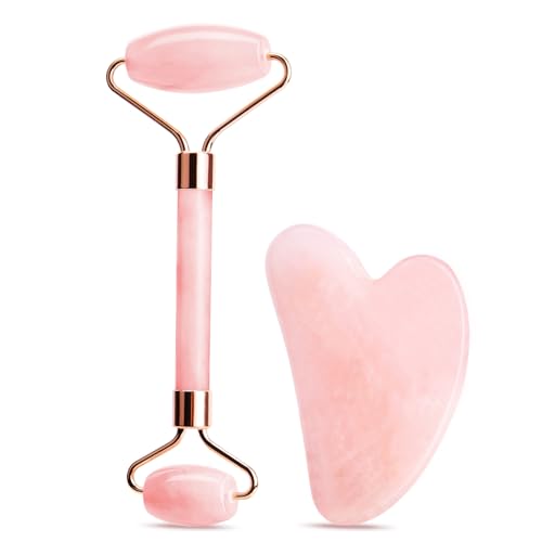 URAQT Gua Sha und Gesichtsroller, Rosa Guasha Stein Gesichtsmassagegerät Skincare, Jade Roller Fördert die Aufnahme, Verbesserung Von Feinen Linien, Skin Care, Geschenke zum Valentinstag