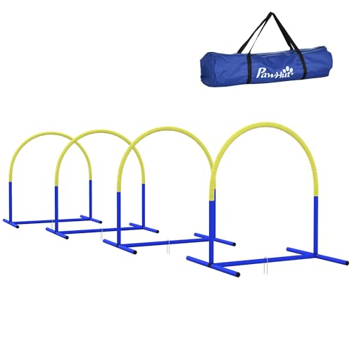 PawHut Hunde-Agility-Trainingsgeräte, Hund Agility Set, 4-teilges Steckhürdenset für ältere Hunde, Hundetrainigsset mit Tragetasche, Blau+Gelb, 88 x 64 x 95 cm