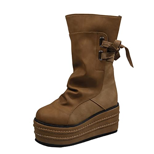 Plateau-Wadenstiefel für Damen, breite dicke Sohle, Cowboy-Plateau, Retro, Damen, Stretch, Schnürung, dicke Sohle, atmungsaktiv, Damenstiefel für Damen, Outdoor, lässige Wanderschuhe, braun, 39.5 EU
