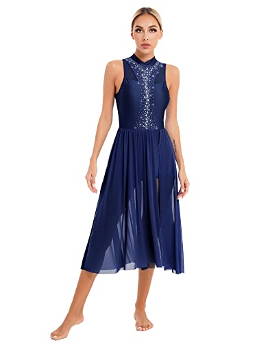 iEFiEL Damen Glitzer Tanzkleid Lyrisches Standard Ballsaal Walzer Tango Ballettkleid mit Strass Vintage Swing Kleid Lange Midi-Rock Marineblau Glitzer S