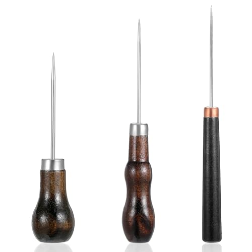 3 Stück Ahle Werkzeug Vorstecher mit Holzgriff Lederhandwerk Nähen Leder Werkzeug Prickelnadel Ahle Ledernadel Lochstecher für DIY Nähahle Handwerkzeug Lederverarbeitung