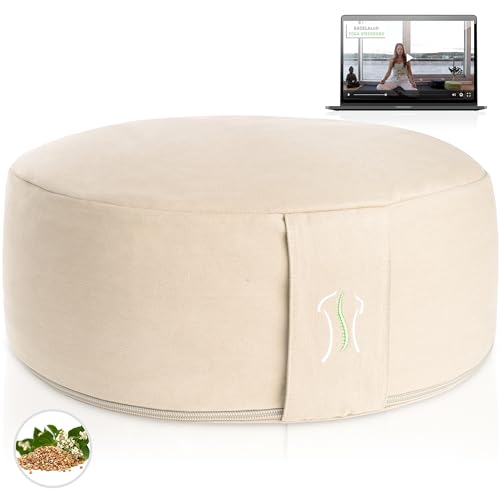 BACKLAXX ® Yoga Kissen, Meditationskissen XL 35cm [30% mehr Sitzfläche], 15cm hoch mit Buchweizenfüllung, perfektes Meditation Zubehör, Yogakissen rund inkl. Videokurs - Pouf Sitzkissen Boden