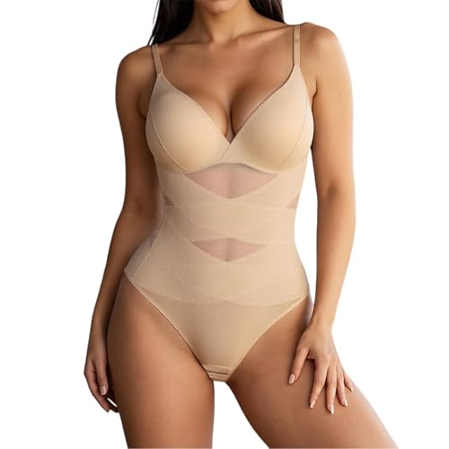 Braut Unterwäsche Korsett Shapewear für Damen, Bodysuit mit V-Ausschnitt, körperformend, nahtlos, figurbetont, bequem, dehnbar, schlankmachende Unterwäsche Bauchmieder (Beige, L)