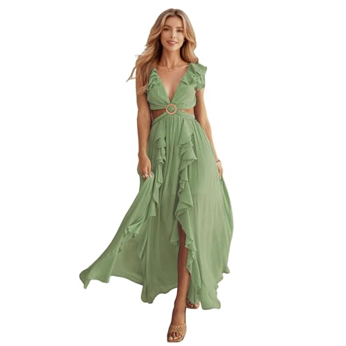 HEYPORK Damen Frühling Sommer Kleider Lässig Bequem Kleid Modern Elegant Röcke Frauen Slim Rückenfreies Kleid V-Ausschnitt Gerafften Schlitz Langen Rock(Grün, S)