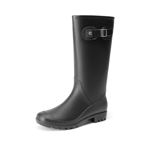 DREAM PAIRS Kniehohe Damen Regenstiefel mit seitlicher Schnalle Gummistiefel damen,Size 40,Schwarz,DWEMRB2503