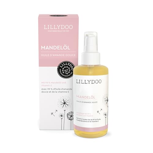 LILLYDOO parfürmfreies Babyöl Mandel, 99% reines Mandelöl kaltgepresst mit Vitamin E zur Babypflege, vegane Naturkostmetik, Dermatest sehr gut in hochwertiger Glasflasche (100ml)