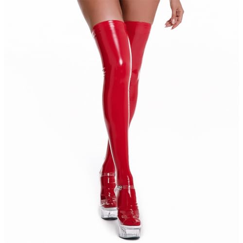 Damen Lack und Leder Sexy Latex Strümpfe, Damenstrümpfe, Sexy Dessous, Glänzendes Leder Sexy Strümpfe, Oberschenkelstrumpfhose, Kurze Strampler, Cosplay Kostüm, Club Enge Slim Fit, Rot, XL