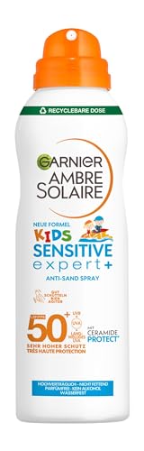 Garnier Sonnenspray LSF 50 für Kinder, Wasserfest und Sandabweisend, Ambre Solaire Kids Sensitive expert+ Anti-Sand Spray LSF 50+, 1 x 150 ml