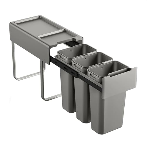 SVITA EM3x10 Einbaumülleimer 30L (3x10L) 3 Fächer mit Deckel Mülltrennsystem 3fach Küche Unterschrank Abfalleimer ausziehbar Grau