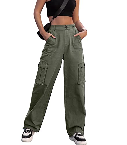 Dordanity Y2K Cargohose für Damen Baggy Hosen High Waist Wanderhose Baumwolle Arbeitshose mit Multi Taschen(Olivgrün,XS)