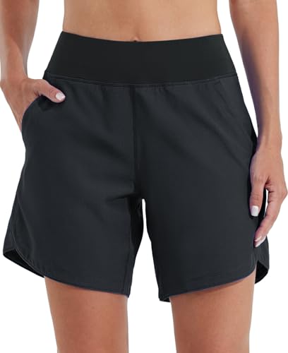 Willit Damen 7" Badeshorts Schwimmen Boardshorts Badehose Schnell Trocknend Bikini Shorts High Waisted Trunks UPF50+ UVA Schutz mit Liner Taschen Schwarz Größe 40