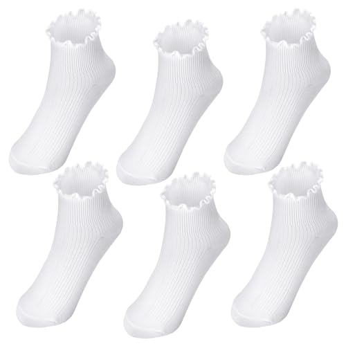 Lvefyti 6 Paar Rüschen Socken Damen Baumwollsocken Weiche Bequeme Atmungsaktive Strick Socken Elegante Prinzessin Socken Knöchelsocken für Damen Mädchen Frauen(Weiß)
