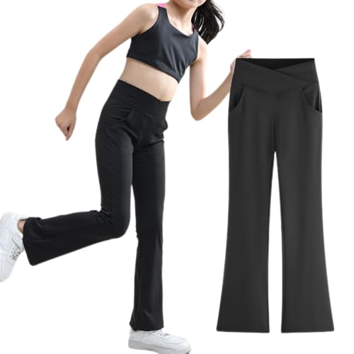 Allmeingeld Yogahose für Mädchen, hohe Taille, Bootcut-Tanzhose, einfarbig, für 5–12 Jahre, Schwarz, 11-12 Jahre