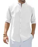 siliteelon Leinenhemd Langarm Stehkragen Herren Hemd Casual Sommer Businesshemd Regular Fit Freizeithemd Beach Leichte Shirt Weiß M