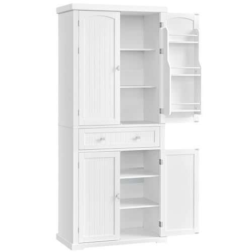 VASAGLE Küchenschrank, Hochschrank Küchenbuffet Vitrinenschrank, Buffetschrank mit Verstellbaren Ablagen, Esszimmerschrank mit Schubladen, für Wohnzimmer Küche, 40 x 76 x 182,1 cm, Weiß BBC561W21