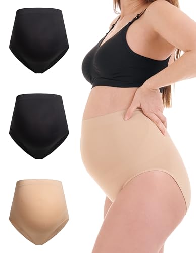 Herzmutter Umstandsslips nahtlos - 3er Set - Schwangerschafts Unterhose - Überbauch - Unterwäsche - Elastisch-Stützend - 5830 (L-XL, Schwarz/Schwarz/Beige)