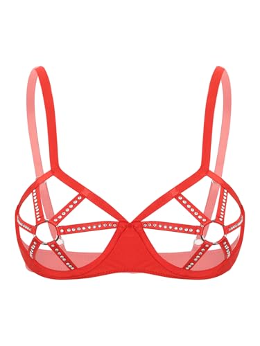 inhzoy Damen Balconette BH Mit Bügel Aushöhlen Büstenhalter Mit Strass O-Ring Ouvert Dessous Körper Geschirr Reizwäsche Brust Offen Rot L